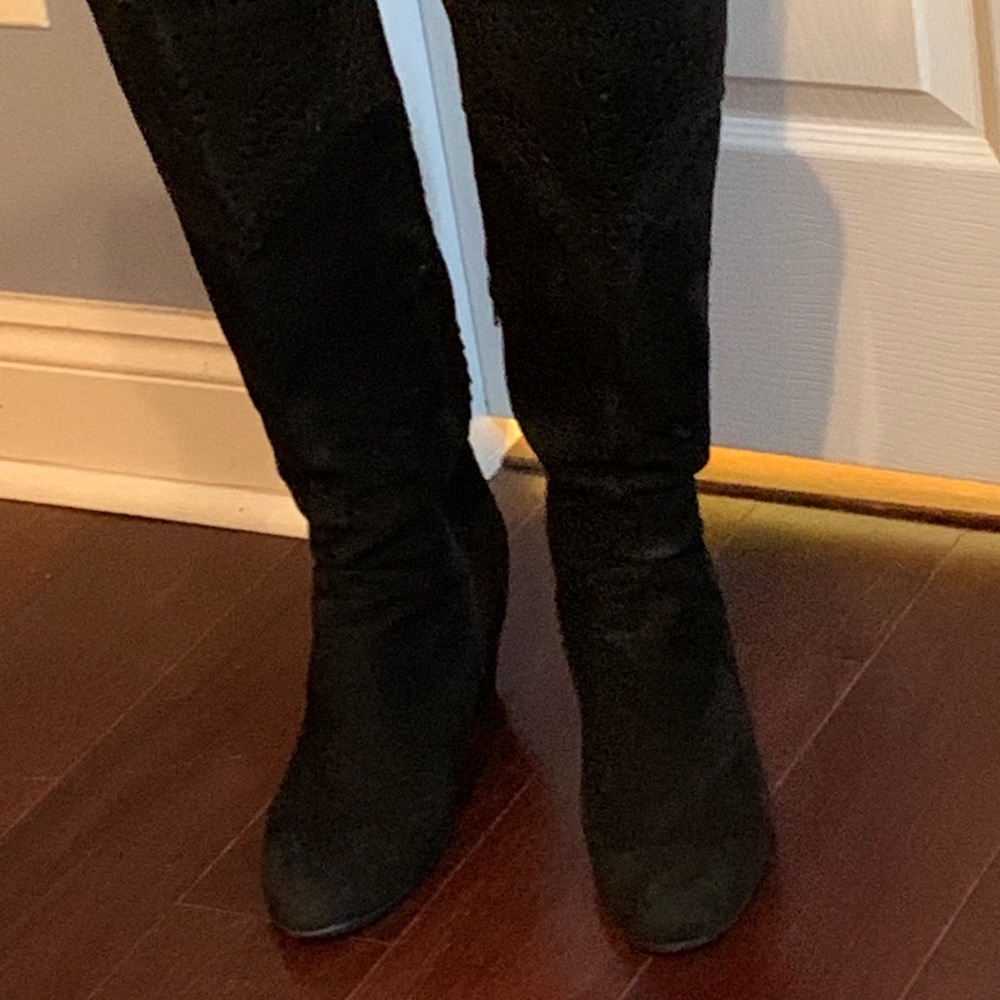 Black suede wedge-heeled knee boots. Light wear!